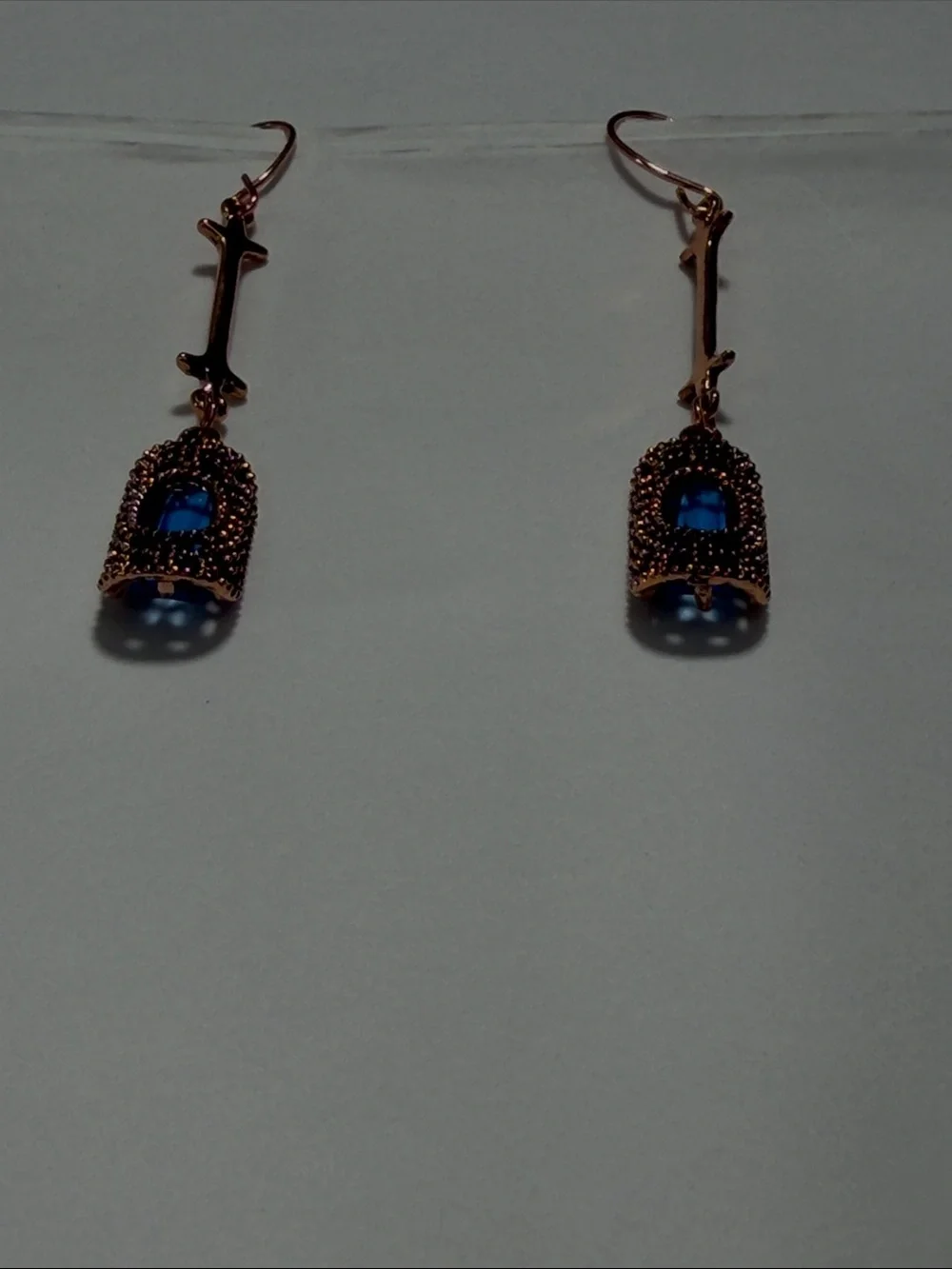 Blue Crystal Drop Earrings in Rose Gold Tone